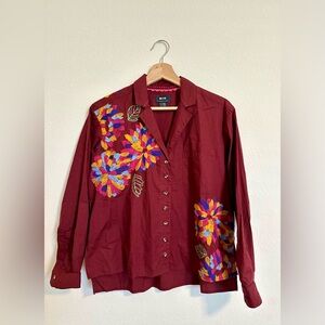 Anthropologie, Maeve: Burgundy Embroidered Button Down